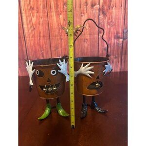 Halloween Pumpkin Metal Buckets Set Of 2 With Handles & Feet 8" Gallerie‎ II